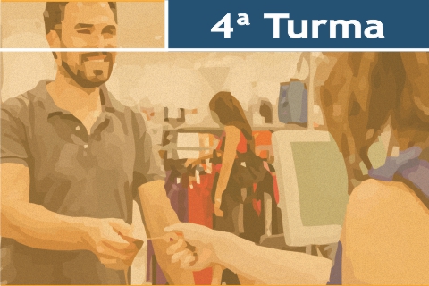 Ilustração de um homem dando o cartão para uma uma funcionária do caixa. No topo da imagem, há o texto &quot;4ª Turma&quot;