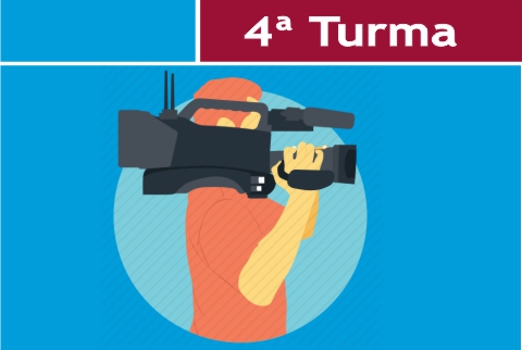 Ilustração de um homem segurando uma câmera de TV. No topo da imagem há o texto &quot;4ª Turma&quot;