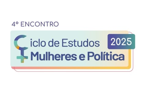 Símbolo do femiino em diferentes tons de azul, verde e amarelo e texto 4º Encontro Ciclos de Estudos Mulheres e Política 2025