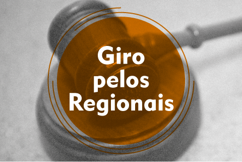 Ilustração com um martelo de juiz e texto &quot;Giro pelos Regionais&quot;