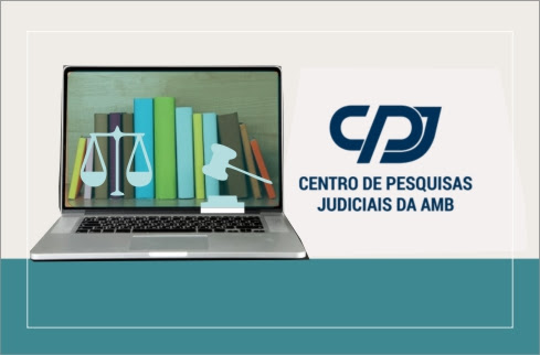 Imagem com a marca do Centro de Pesquisas e um notebook aberto em com imagens de livros na tela