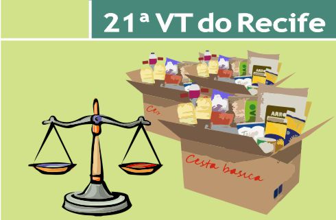 Ilustração de cestas básicas e texto &quot;21 VT do Recife&quot;