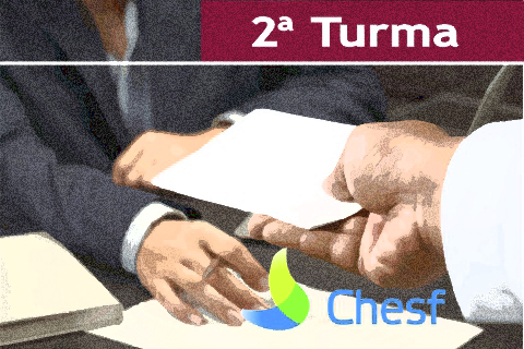 Ilustração de uma pessoa entregando um documento a outra. Também traz os textos &quot;2ª Turma&quot; e &quot;Chesf&quot;