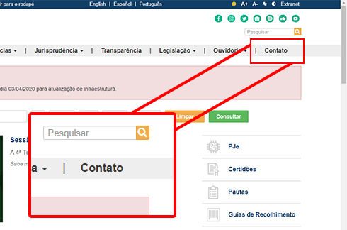 Ilustração mostrando que o menu &quot;Contato&quot; está no topo direito do site do TRT6