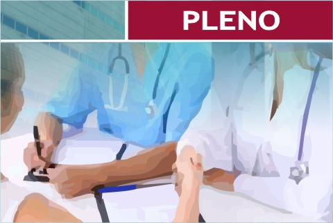 Ilustração representando médicos conversando com paciente. Contém texto &quot;Pleno&quot;