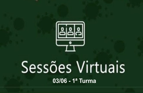 Ilustração com um computador e texto Sessões Virtuais 03/06 1ª Turma