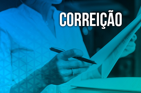 Ilustração de uma mulher com uma prancheta na mão. Contém texto &quot;Correição&quot;