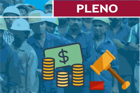 Ilustração representando vários operários, além de cédulas e moedas. Contém texto &quot;Pleno&quot;