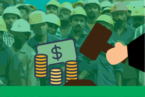 Ilustração representando trabalhadores da construção civil. Outras imagens se sobrepõem a essa, uma ilustração de cédulas e moedas e outra com a mão de uma juiz batendo um martelo.