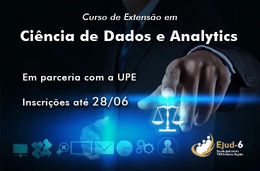 Imagem de mão apontando com o dedo tocando o ícone digital da balança símbolo da Justiça. Abaixo, nome do curso e demais informações