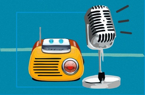 Desenho de um rádio portátil ao lado de um microfone