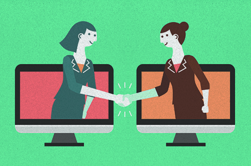 Ilustração de duas pessoas saindo de monitores e apertando as mãos, fazendo menção a um acordo