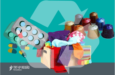 Imagem de remédios, meias e cápsulas de café expresso. Ao fundo, símbolo da reciclagem