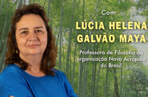 Imagem da palestrante ao lado do texto 'Com Lúcia Helena Galvão Maya'