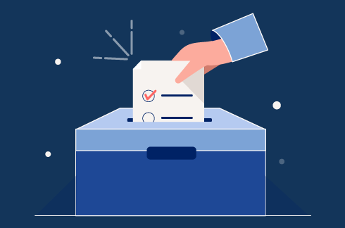 Ilustração de uma mão colocando um voto em uma urna