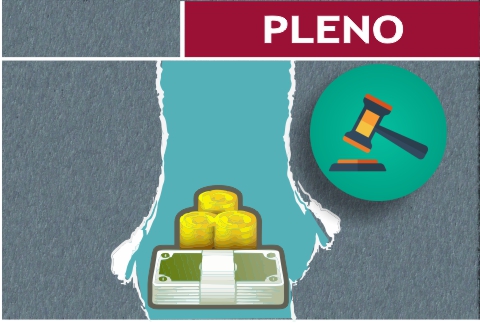  Ilustração em fundo cinza, com imagem de cédulas, moedas e um martelo de juiz, além de um título escrito “Pleno”