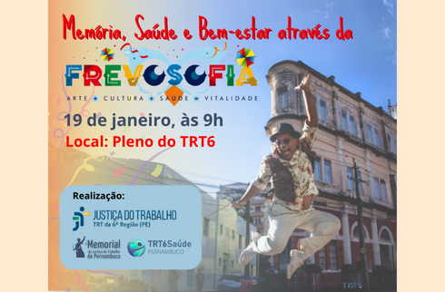 Foto de Ferreirinha fazendo um passo de frevo no Recife Antigo. Ao lado, nome local e realizadores do evento.