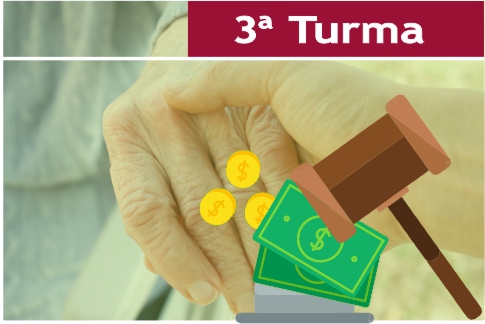 Ilustração representando a mão de um idoso, contém elementos representativos de moeda e martelo de juiz, além de texto &quot;3ª Turma&quot;