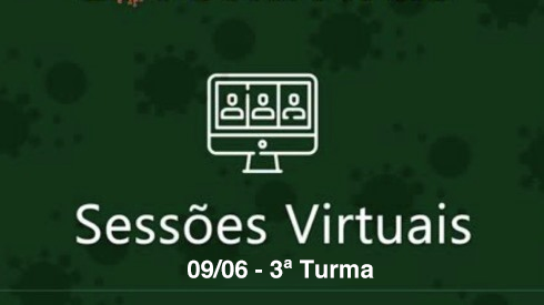 Computador e texto &quot;Sessões virtuais 09/06 3ª Turma&quot;