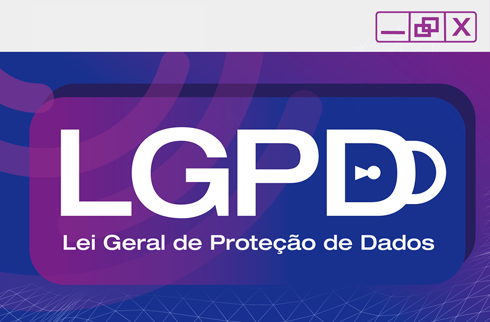 Banner com LGPD em destaque e texto Lei Geral de Proteção de Dados em fundo azul e roxo