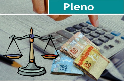 Plen&quot;Ilustração com cédulas de dinheiro, uma calculadora e a balança símbolo da Justiça. No topo da imagem há o texto &quot;Pleno&quot;