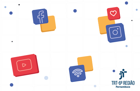 Ilustração com marcas das redes sociais espalhadas. No canto, marca do TRT-6.