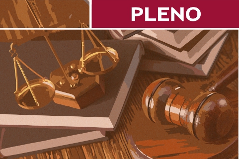  balança, martelo, livros. Contém o texto &quot;Pleno&quot;