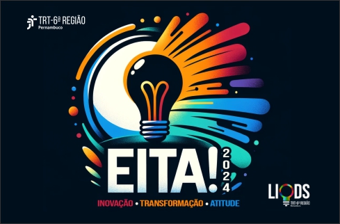 Ilustração de uma lâmpada estilizada. Abaixo, escrito &quot;Eita!2024. Inovação. Transformação. Atitude&quot;