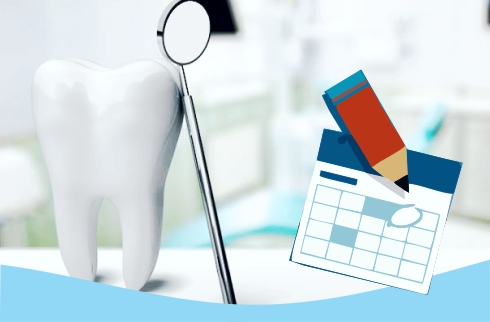 Ilustração com um dente, um espelho de dentista e um calendário
