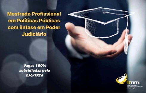 Cartaz do mestrado onde aparece uma mão estendida segurando um quepe de formatura