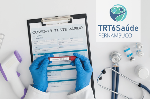 Ilustração de pessoa verificando um teste de covid-19. No topo da imagem, há a logomarca do TRT6 Saúde