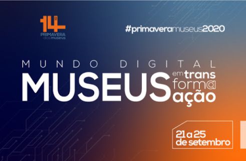 Sobre um funda azul e laranja, cartaz da 14ª Primavera dos Museus