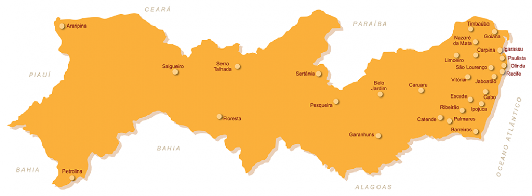 Mapa de Pernambuco destacando as cidades one o TRT6 tem varas