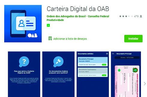 Ilustração com a tela do Play Store para baixar o app da Carteira Digital da OAB