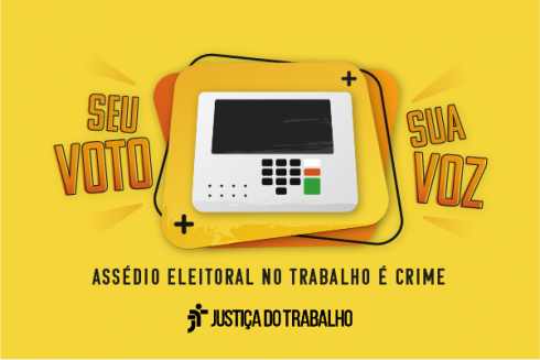 Arte com fundo amarelo mostra uma urna eletrônica e o texto Seu Voto Sua Voz