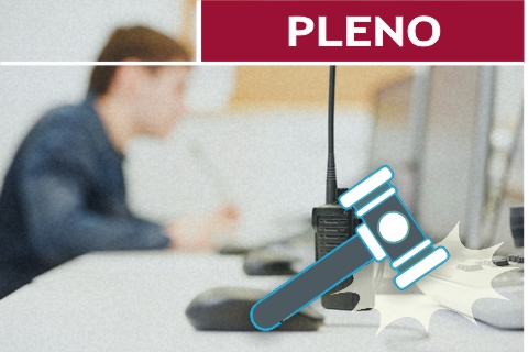 Ilustração de um juiz trabalhando na frente do computador. Contém texto &quot;Pleno&quot;
