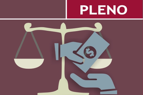 Ilustração com uma balança da Justiça e mãos trocando dinheiro. Contém texto &quot;Pleno&quot;