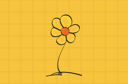 Em fundo amarelo, um desenho de uma flor com o miolo laranja. A flor é símbolo do combate às violências e exploração infantil