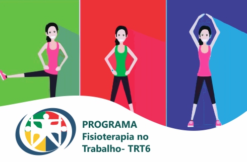 Desenho com três mulheres se alongando e a inscrição &quot;Programa Fisioterapia no Trabalho&quot;