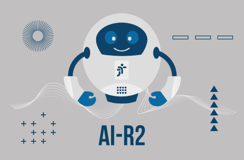 Ilustração de um robozinho. Abaixo, escrito &quot;AI-R2&quot;