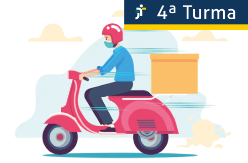 Ilustração de um motoboy e, no topo da imagem, há o texto 4ª Turma