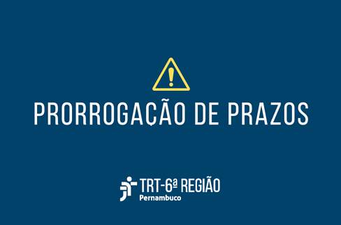 Fundo azul com um símbolo de alerta em amarelo e logo embaixo a frase 'Suspensão de prazos'. Assinatura do TRT6