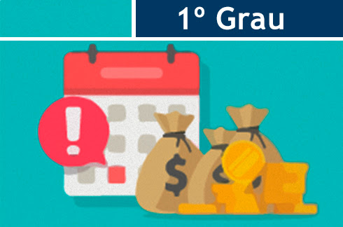 Ilustração com calendário e bolsas de dinheiro. No topo da imagem há o texto &quot;1º grau&quot;