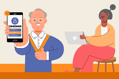 Arte de idoso em pé segurando smartphone e de idosa sentada com notebook nas pernas