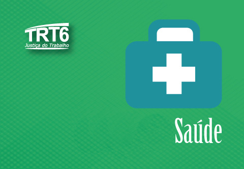 Ilustração em fundo verde, com figura que remete a uma maleta de médico e a palavra &quot;saúde&quot;