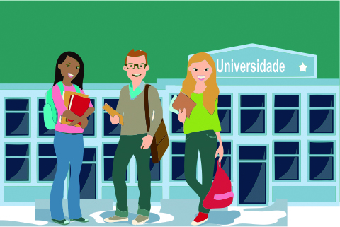 Ilustração com três jovens em frente a uma universidade