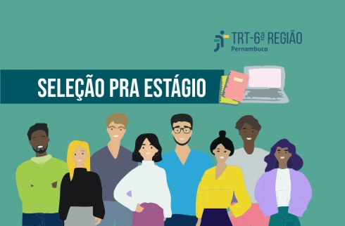 Desenho com diversas pessoas jovens como se estivessem posando para uma foto. Acima, a inscrição 'Seleção para estágio'