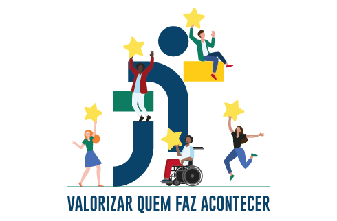Ilustração com a marca da Justiça do trabalho intereginado com pessoas diversas com estrelas na mão
