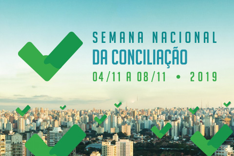 Ilustração com a foto de uma cidade e texto &quot;Conciliação Todo dia, perto de você&quot;