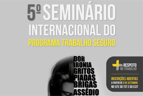 Inscrição com o nome do seminário. Abaixo o lado direito da cabeça de uma mulher inclinada para baixo como se estivesse triste. No que seria o outro lado da cabeça estão palavras como &quot;dor&quot;, &quot;ironia&quot;, &quot;gritos&quot; e &quot;assédio&quot;.